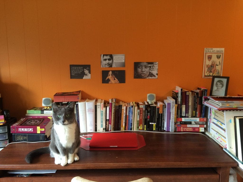 The author's cluttered and orange workspace during their PhD comprehensive exams, complete with cat.